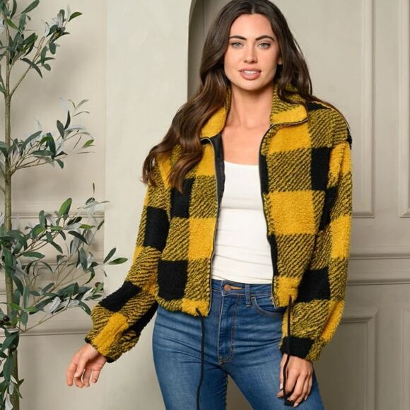 NEW! Cute Women's Long Sleeve Fuzzy Zip Up Mustard Plaid Crop Bomber Jacket - Picture 2 of 4